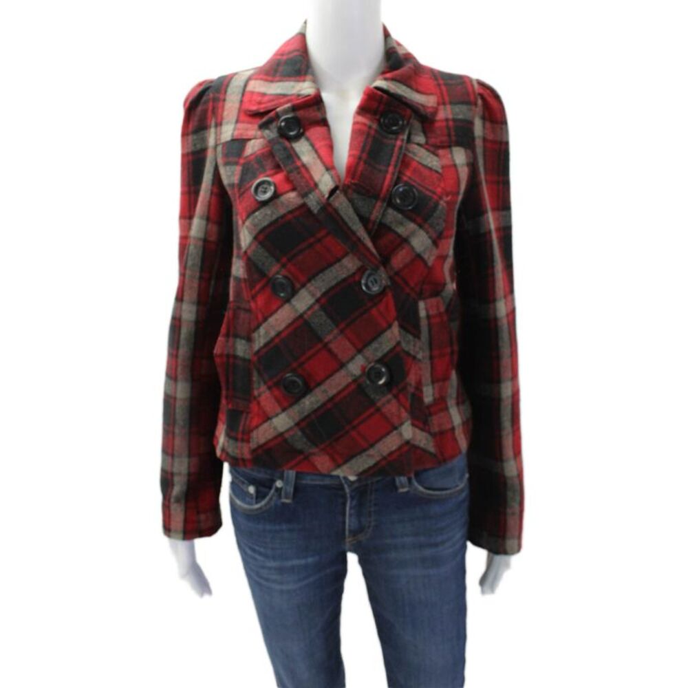 Flying Tomato Womens Plaid Double Breasted Long Sleeve Jacket Red Size Small